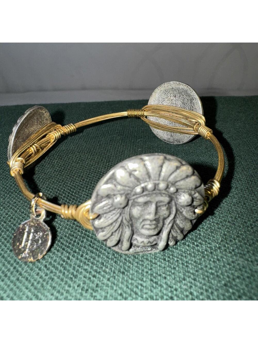 Bourbon and Bowties Pewter Indian Head Gold Plated Wire wrap Bangle Brac